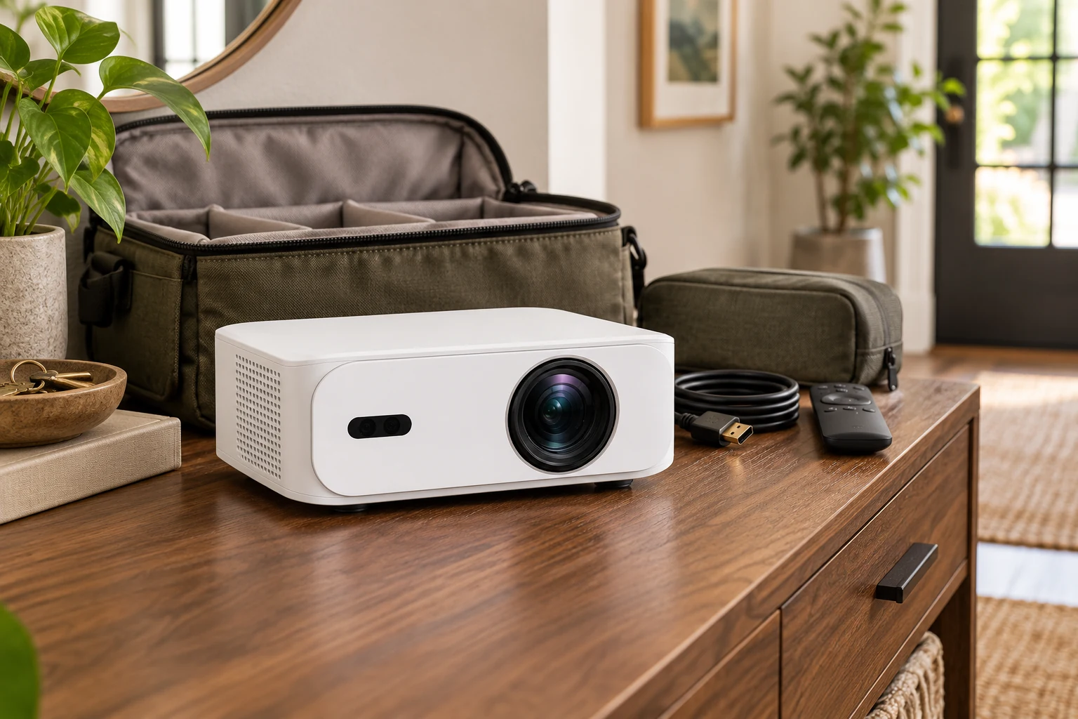 White BOSS A5 projector with a padded bag, HDMI cable, remote and accessory pouch