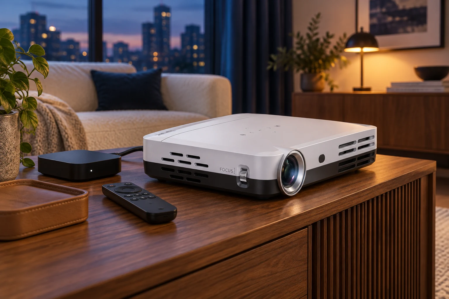 BOSS S7 projector and HDMI streaming player on a walnut console in a living room
