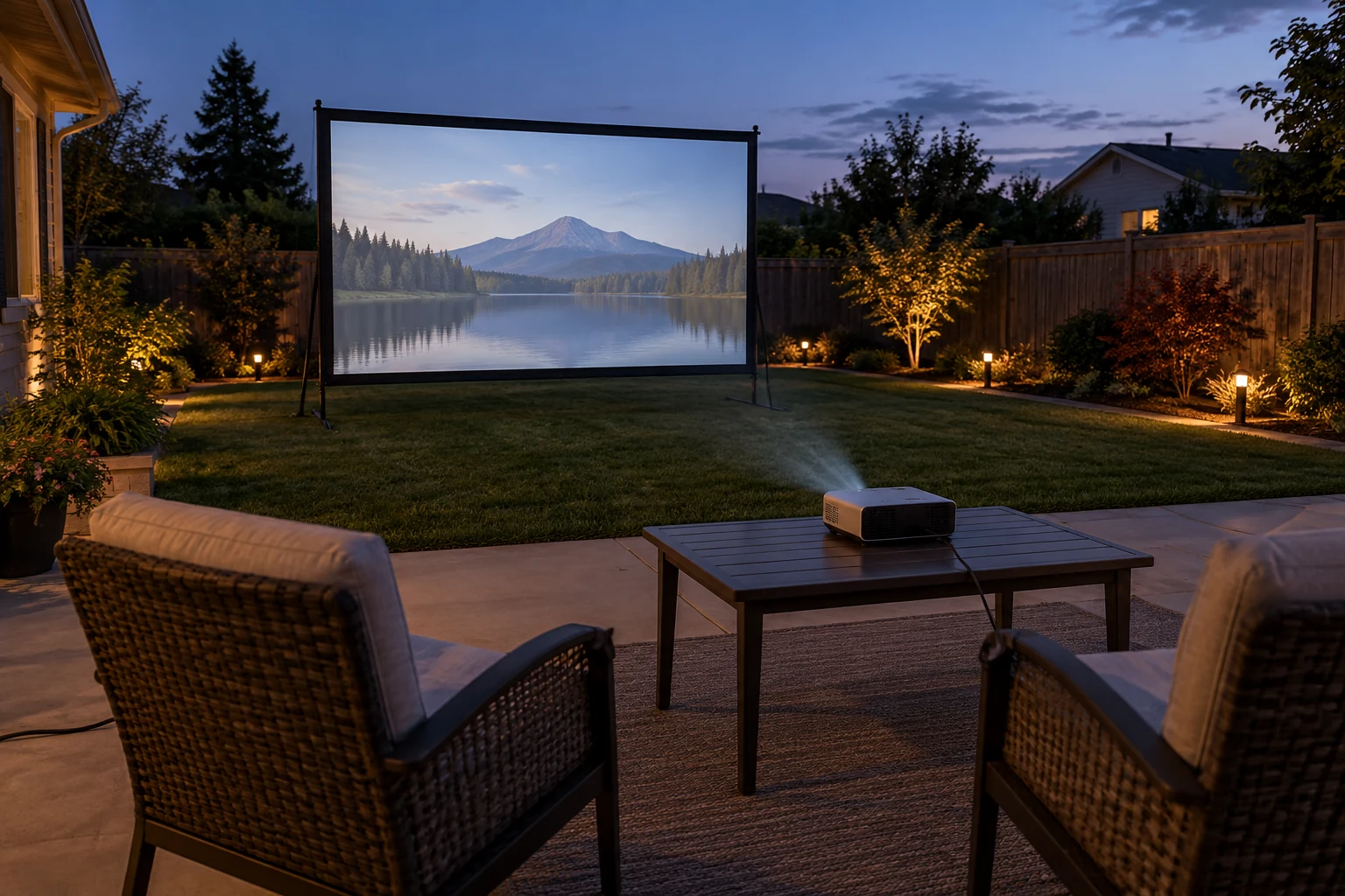 Backyard at dusk with a freestanding movie screen, projector on a patio table and two chairs