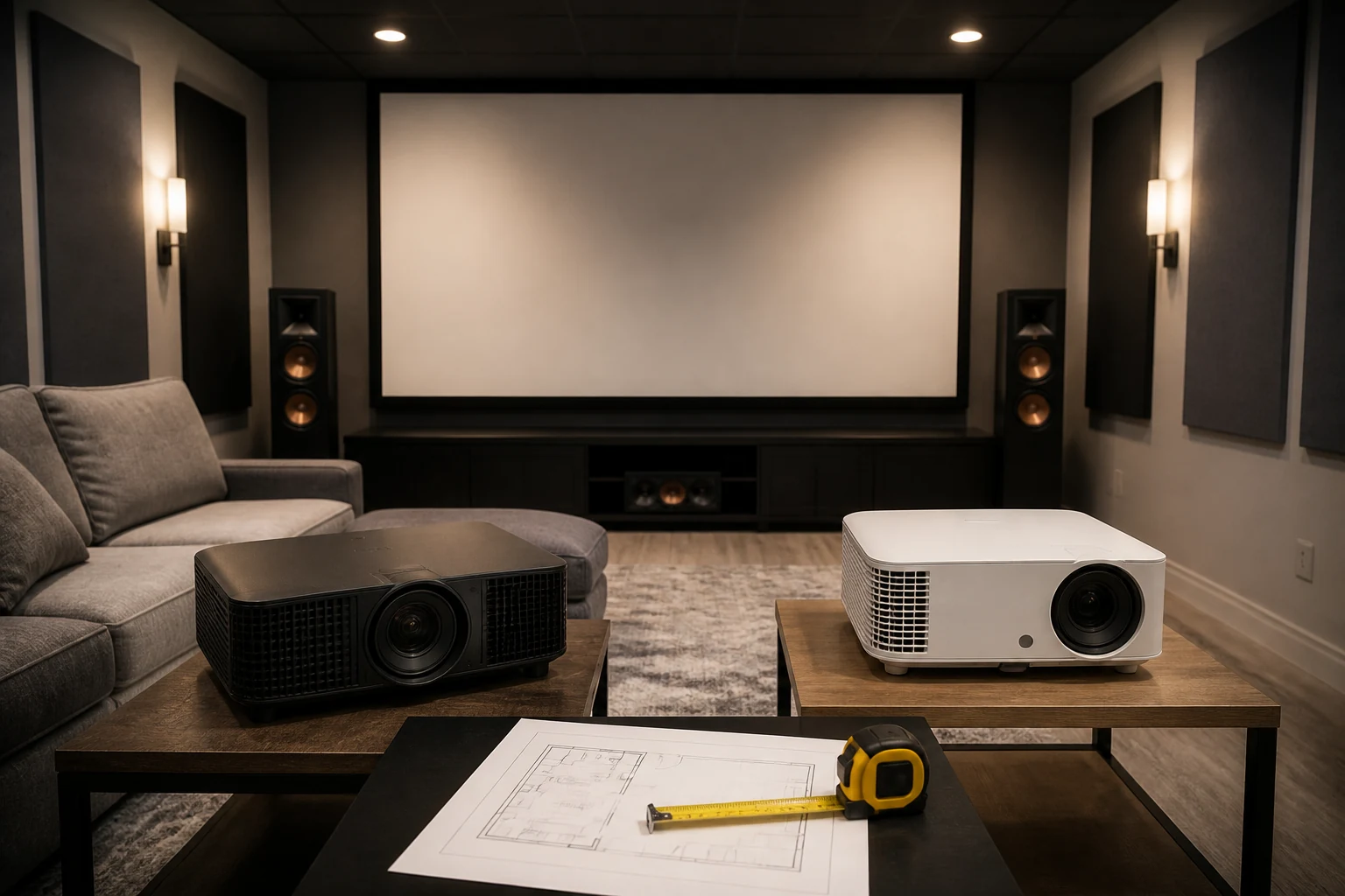 Two projectors beside a room floor plan and tape measure in a home theater