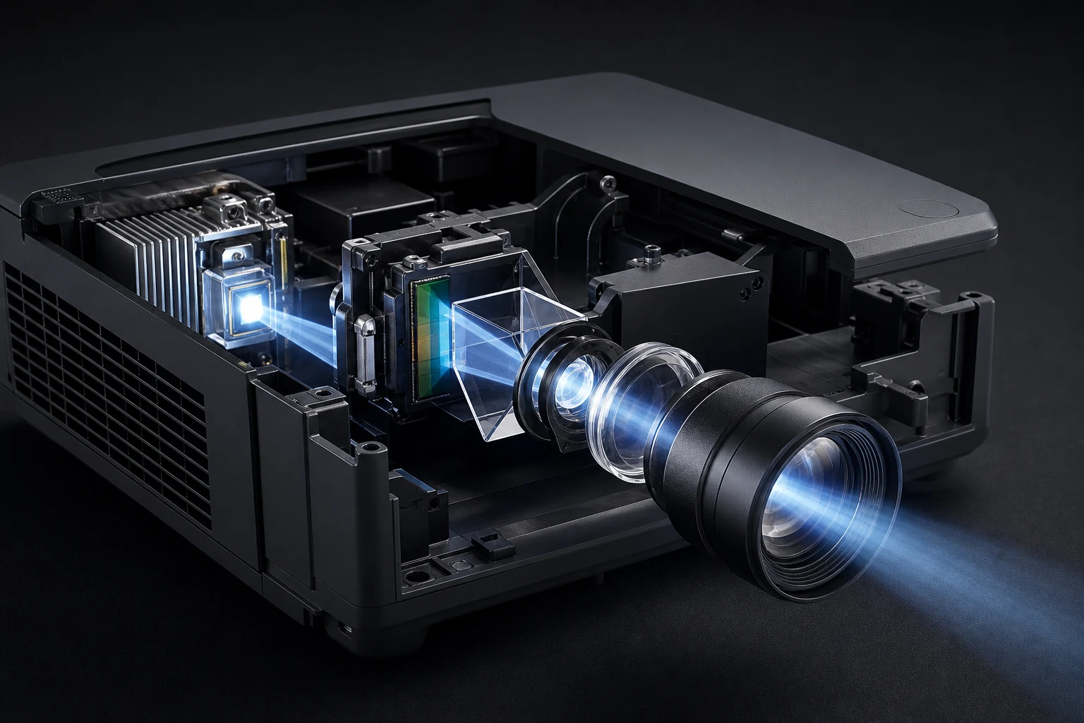 Cutaway illustration of a projector light source, optical components and projection lens