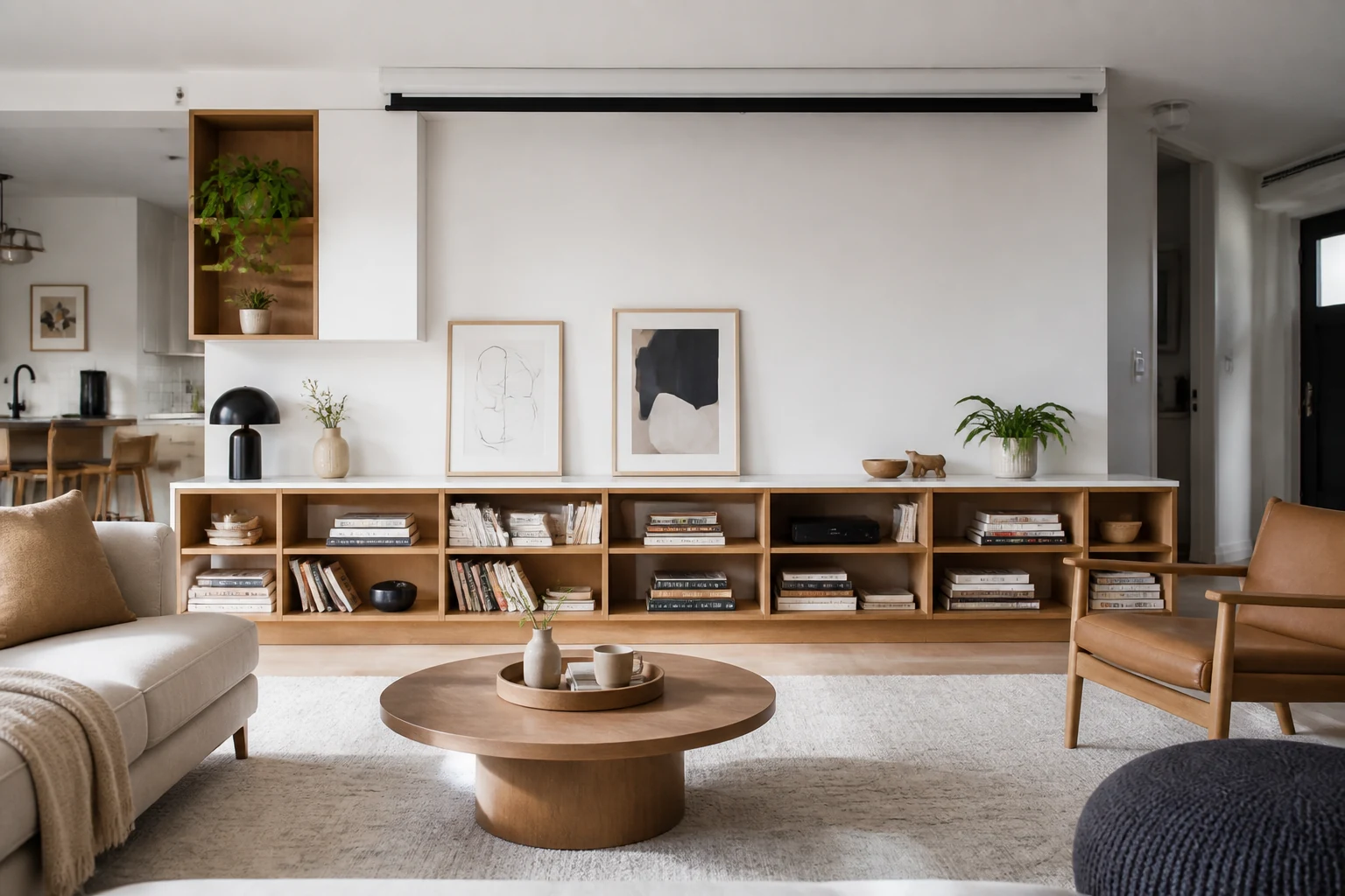 Living room with a retractable projection screen above a low media cabinet