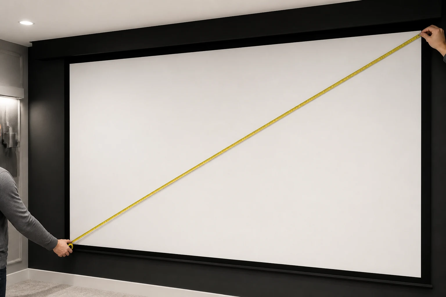 Two people stretch a tape measure diagonally across a blank projection screen