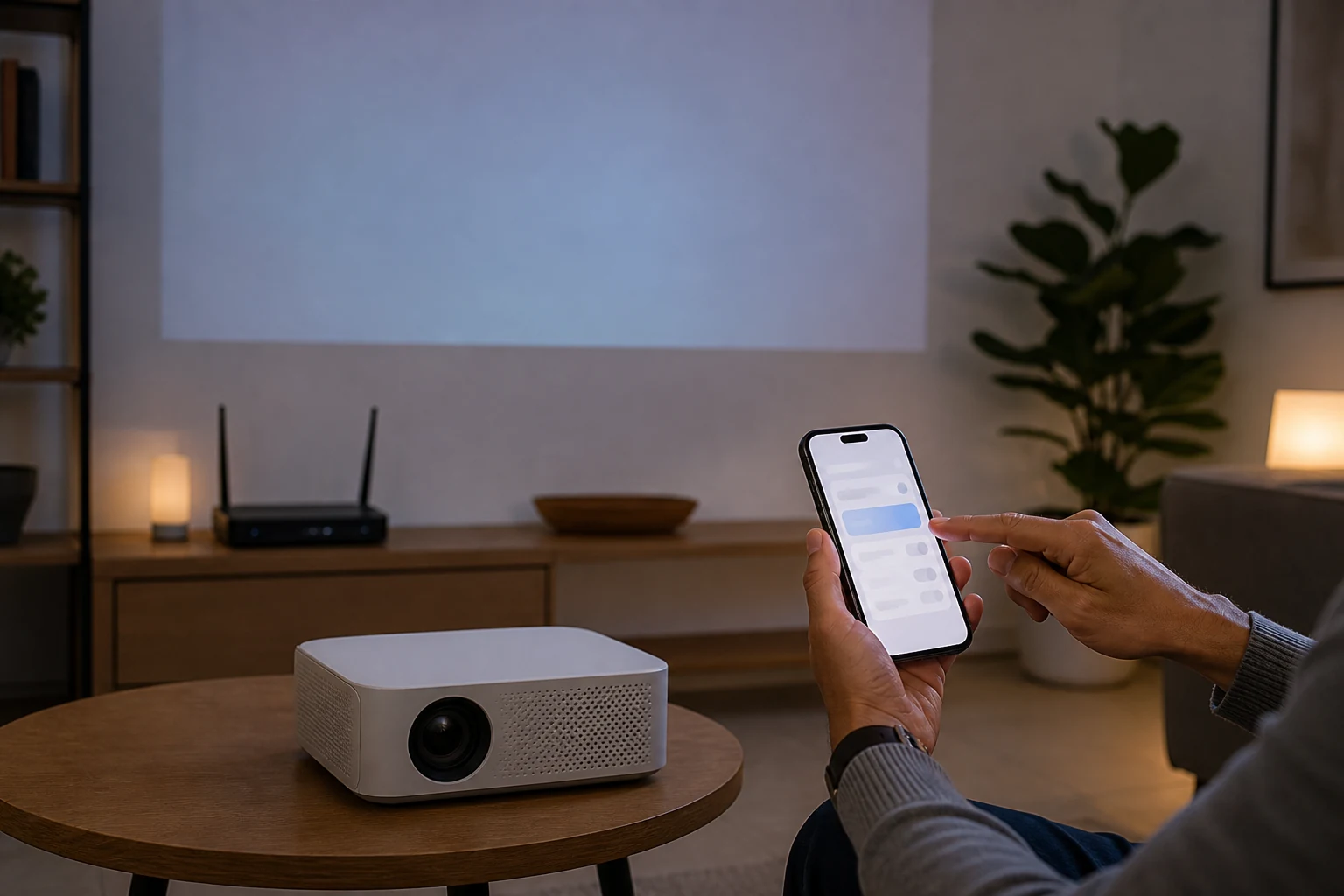 Person checks a phone beside a projector and wireless router in a living room