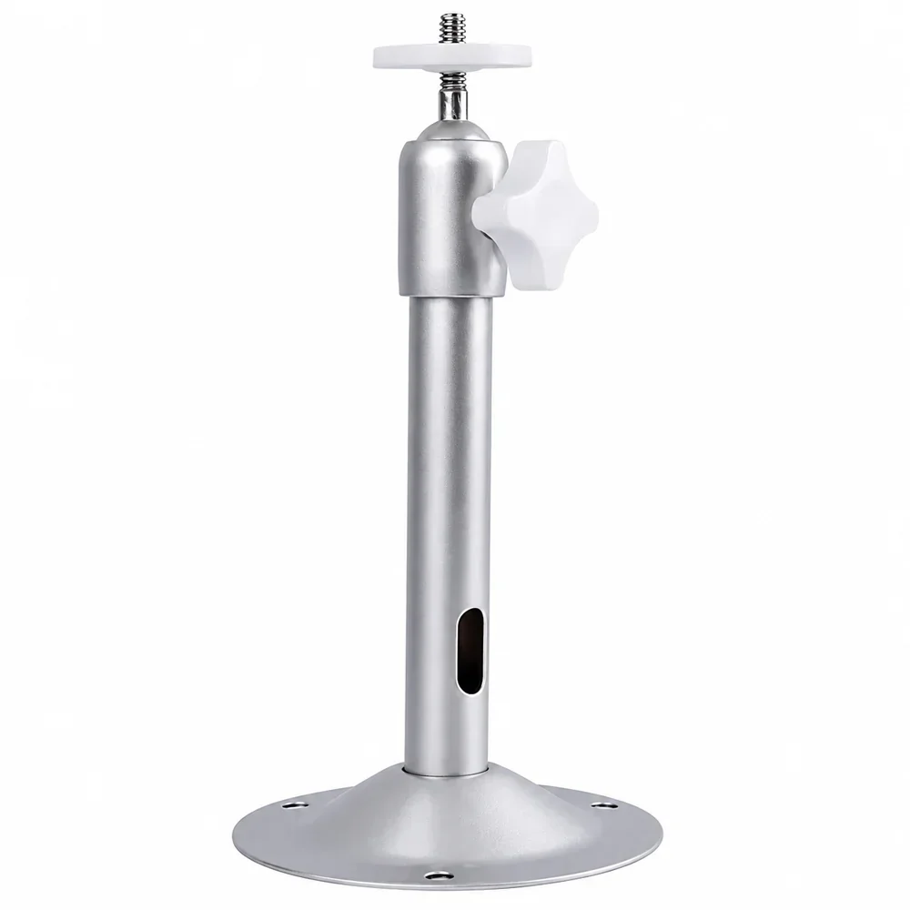 Silver projector ceiling mount with circular ceiling plate, adjustable post and threaded connector