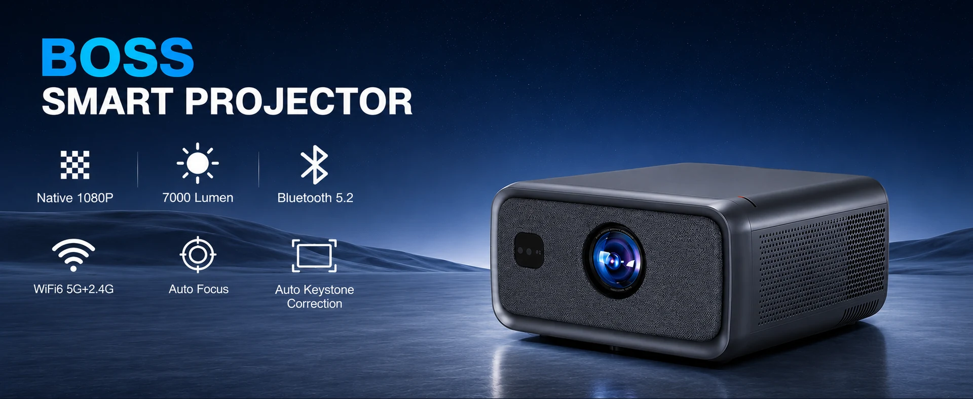 BOSS S8A smart projector feature graphic