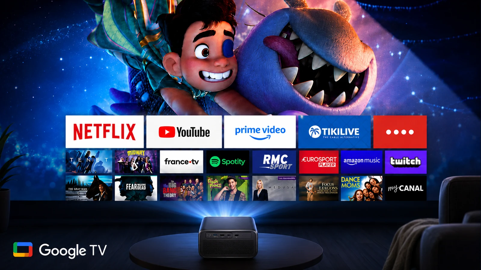 BOSS S8A smart projector with Google TV home-screen interface